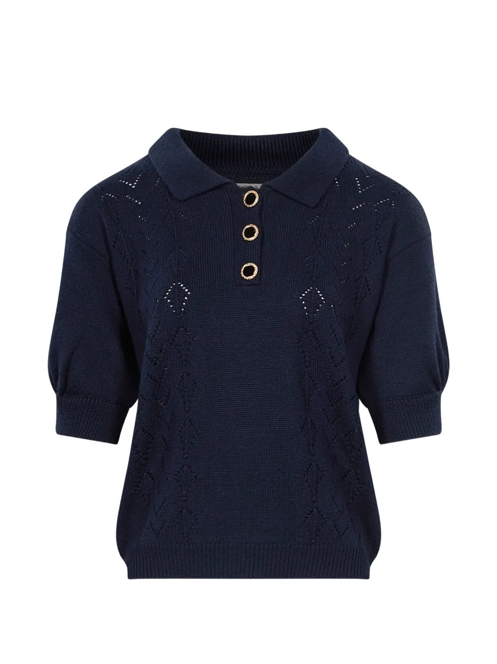 Alessandra Rich pointelle-knit puff-sleeve polo top - Blu