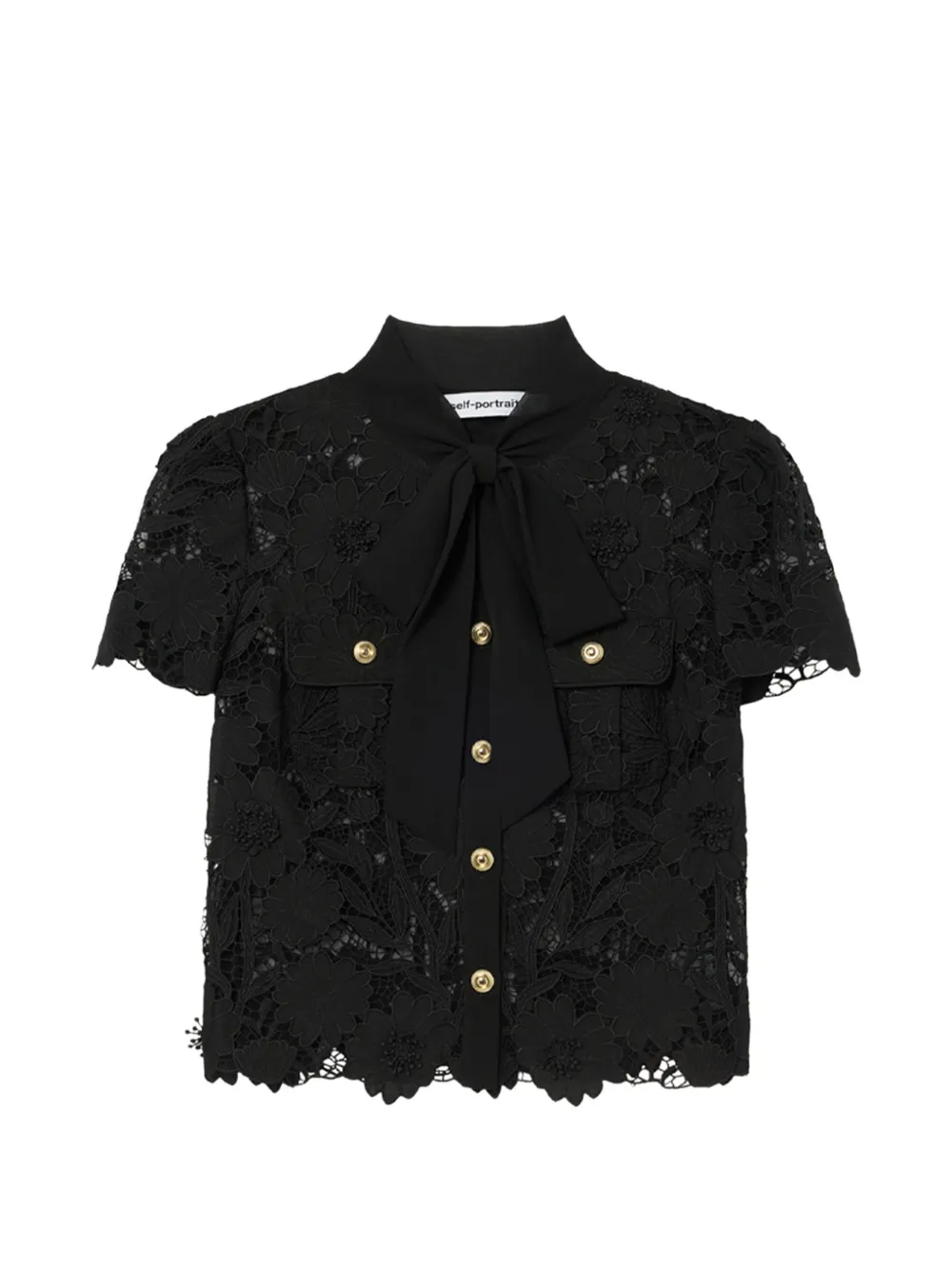 Self-Portrait bow-detail lace-panelled top - Nero