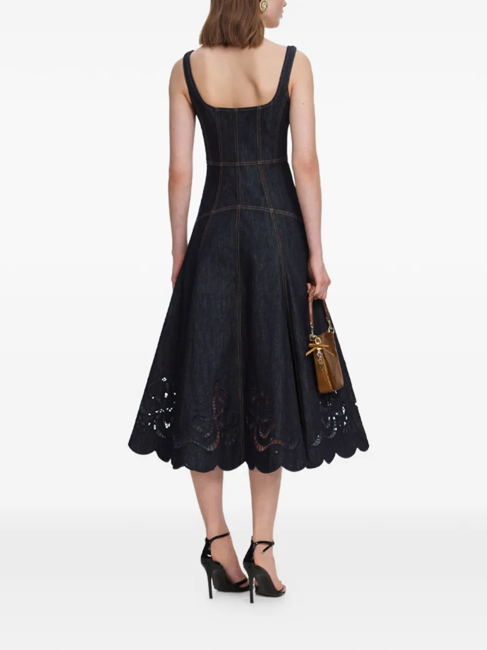 Self-Portrait Broderie anglaise midi-jurk met flared afwerking Blauw