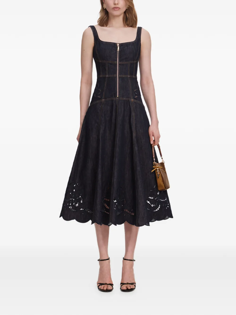 Self-Portrait Broderie anglaise midi-jurk met flared afwerking Blauw