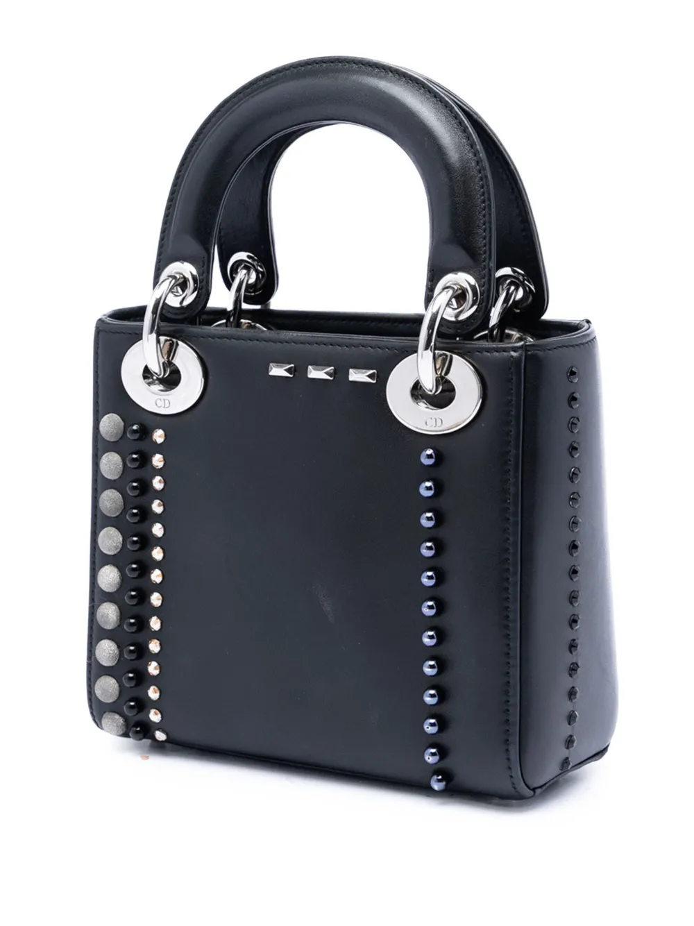 Dior Pre-owned 2015 Mini Lambskin Studded Crystal Pearl Lady Dior Satchel in Black, view 3
