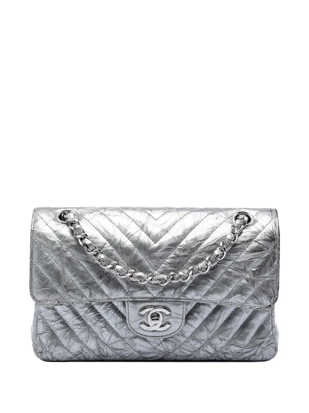 CHANEL Pre-Owned 2018 Small Classic Chevron Metallic Crumpled Calfskin Double Flap shoulder bag - Argento