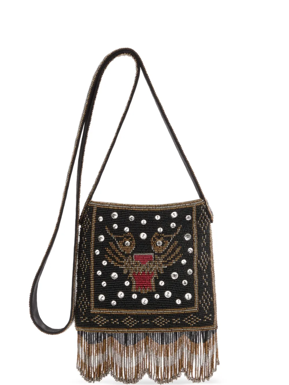 Valentino Garavani Nellcôte small embroidered shoulder bag with fringes - Nero