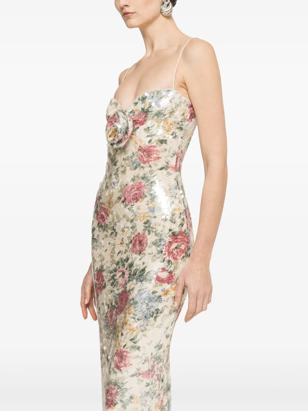 NISSA Maxi-jurk met bloemen-patch en pailletten Beige