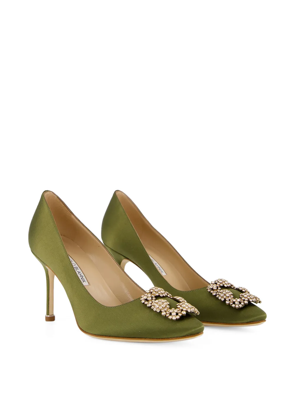 Manolo Blahnik Hangisi crystal-buckle satin pumps Groen