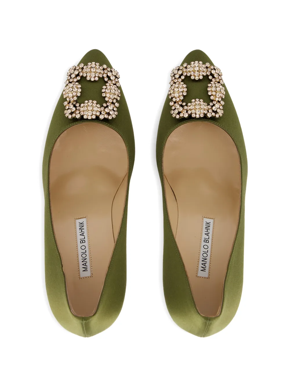 Manolo Blahnik Hangisi crystal-buckle satin pumps Groen