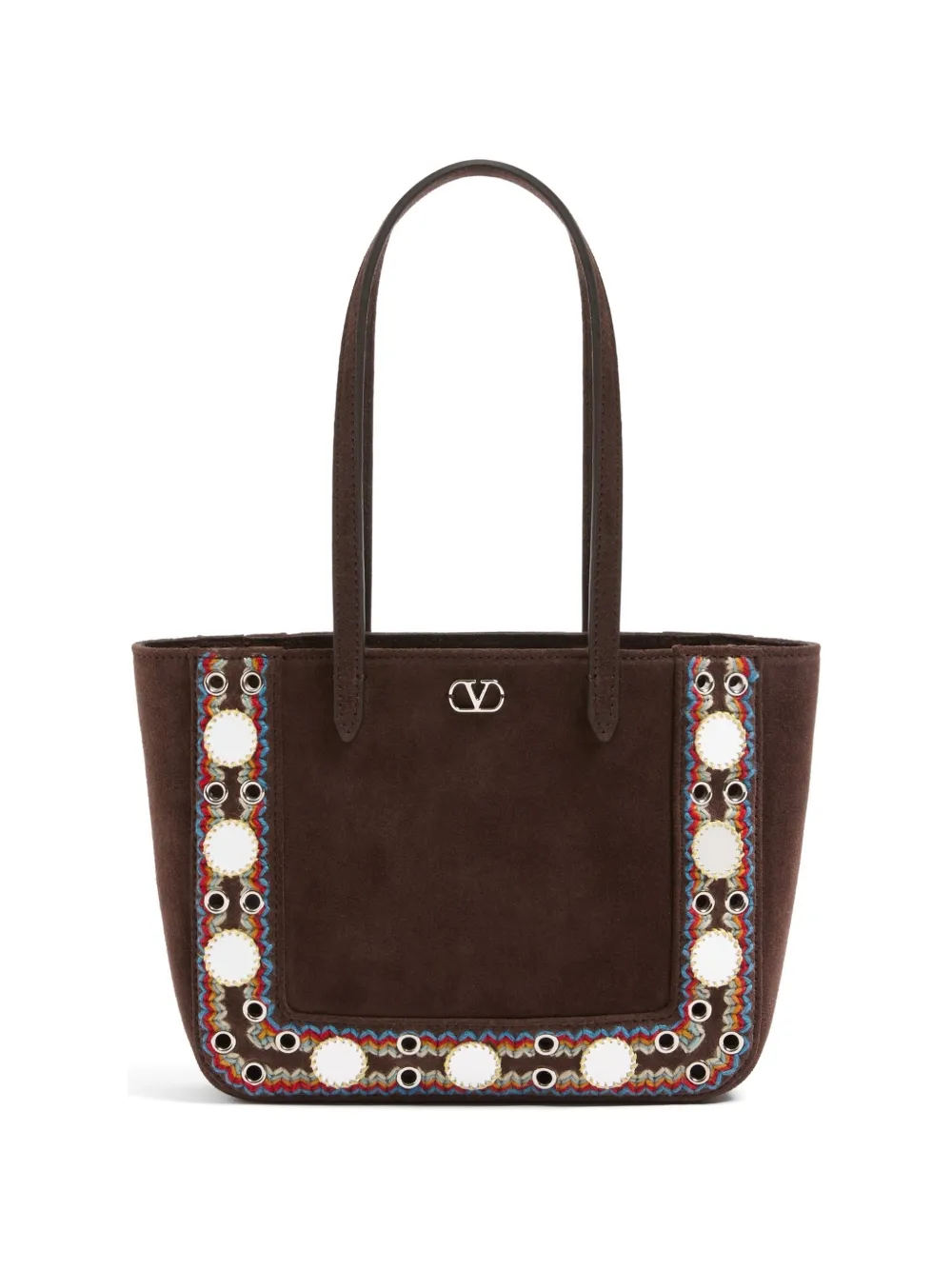 Valentino Garavani Nellcôte mini suede shopping bag with embroidered trim - Marrone
