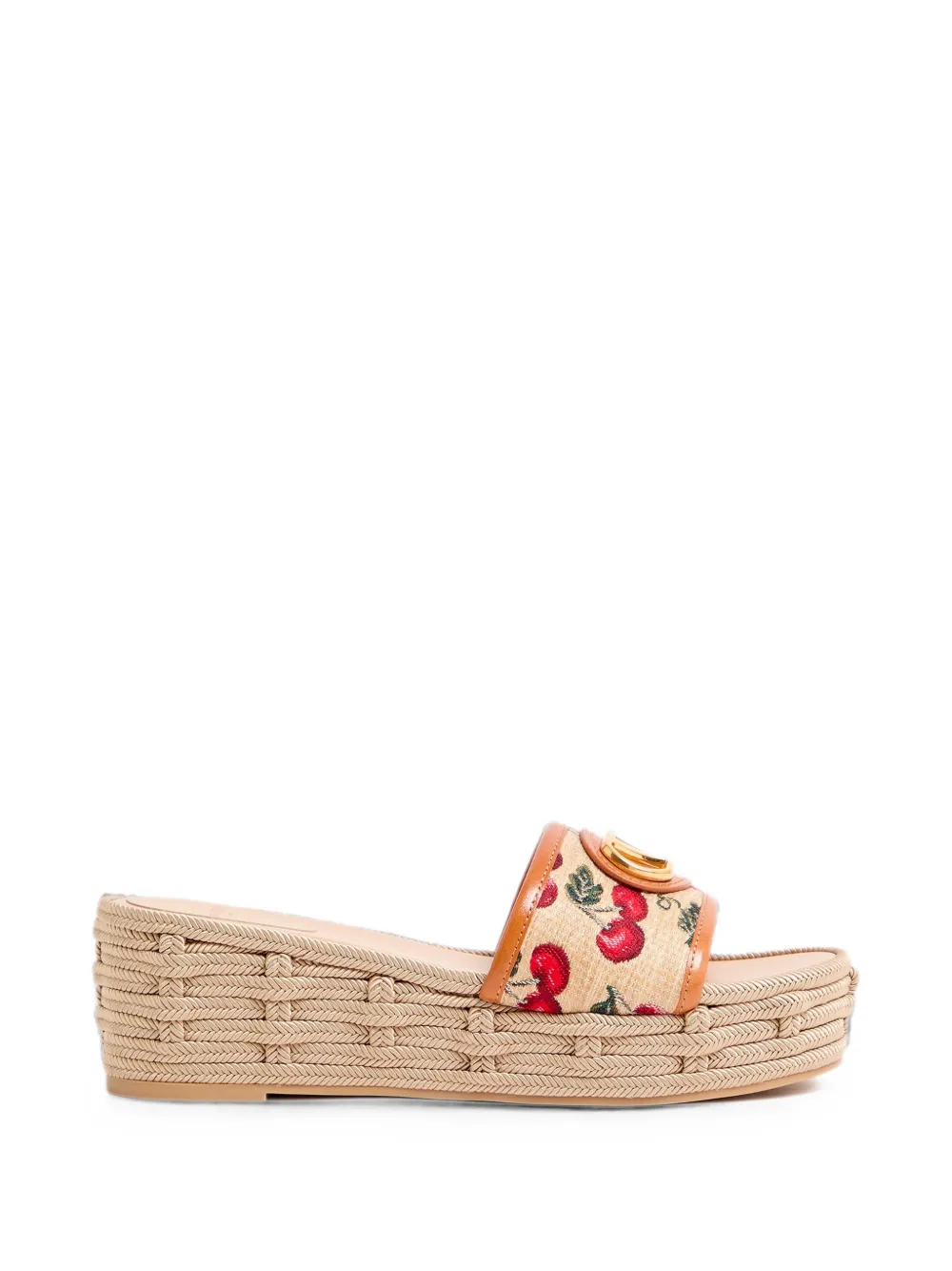 Valentino Garavani VLogo signature flatform sandals in jacquard raffia with Cherryfic motif 60mm - Neutrals