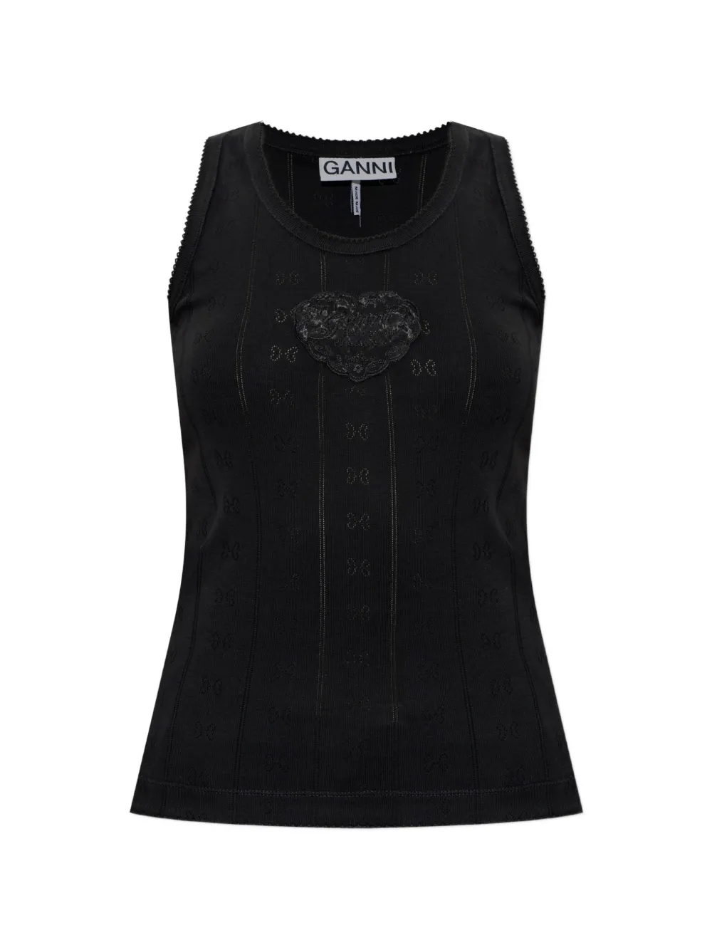 GANNI heart-patch pointelle-knit top - Nero