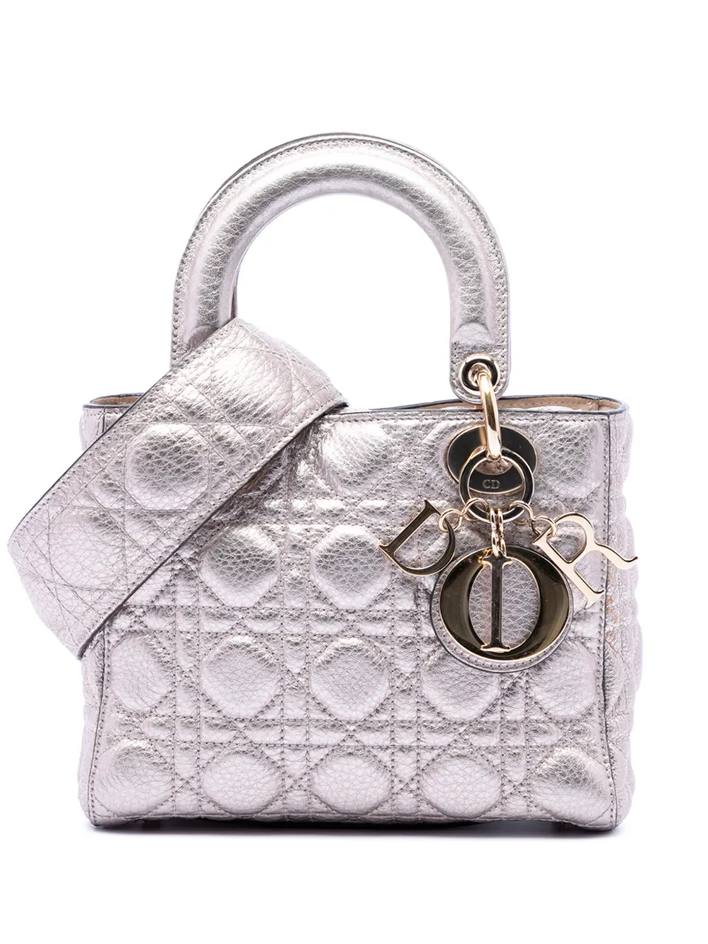 Christian Dior Pre-Owned 2017 Small Metallic Grained Calfskin Cannage Supple Lady Dior satchel - Argento