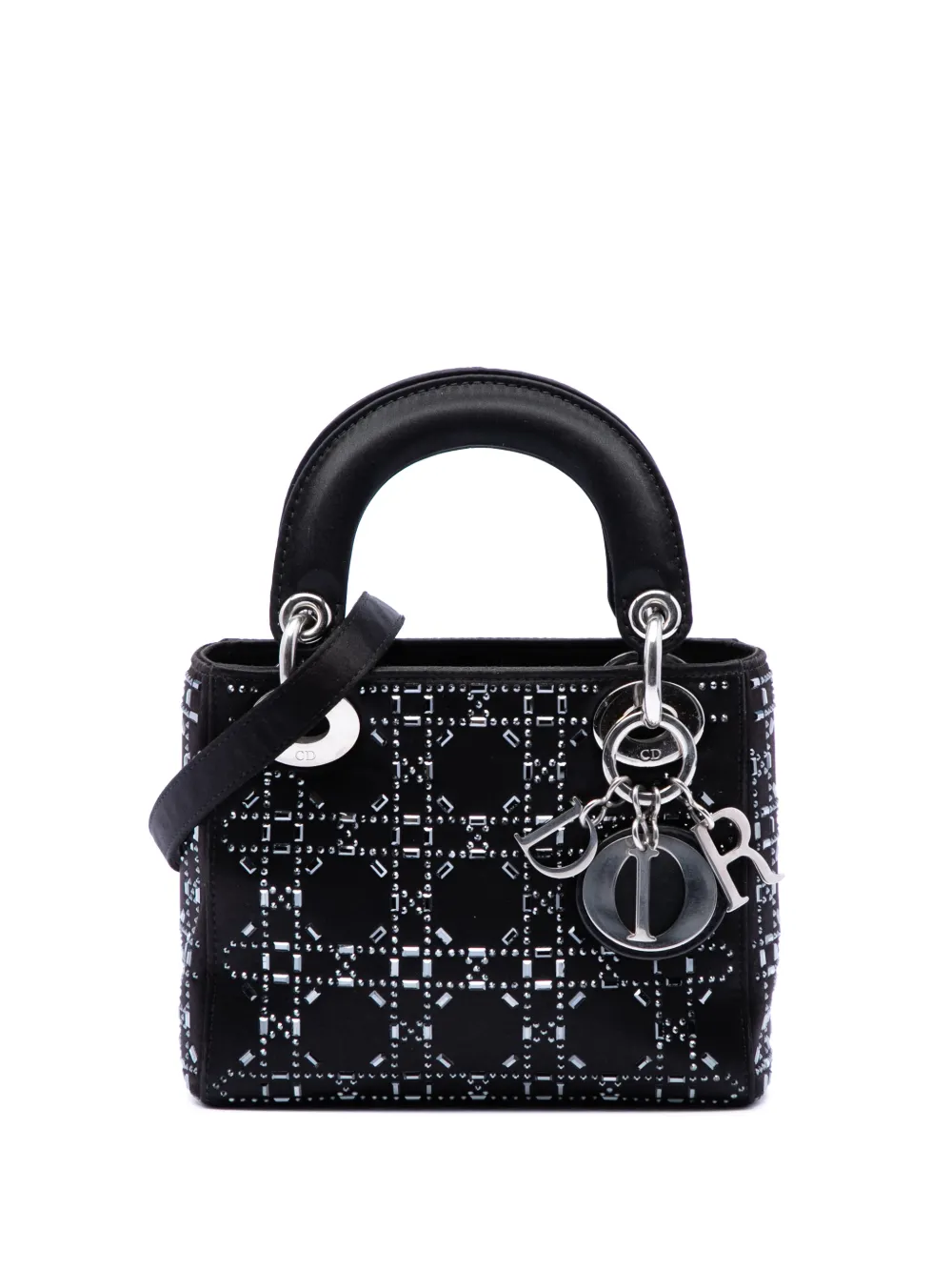 Christian Dior Pre-Owned 2018 Mini Satin Cannage Strass Crystal Embellished Lady Dior satchel - Nero