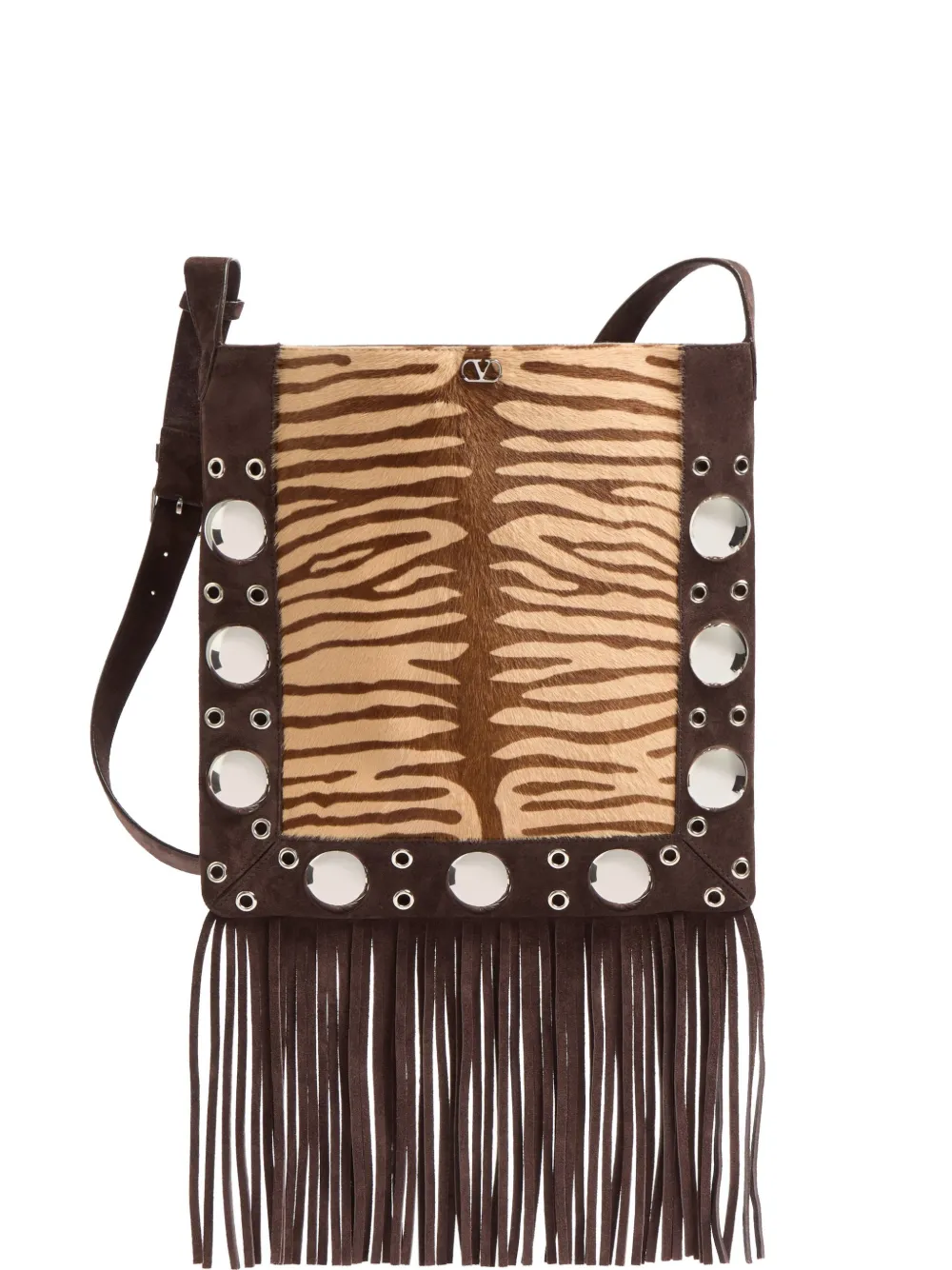 Valentino Garavani Nellcôte shoulder bag in animalier pony-fffect calfskin with fringes - Brown