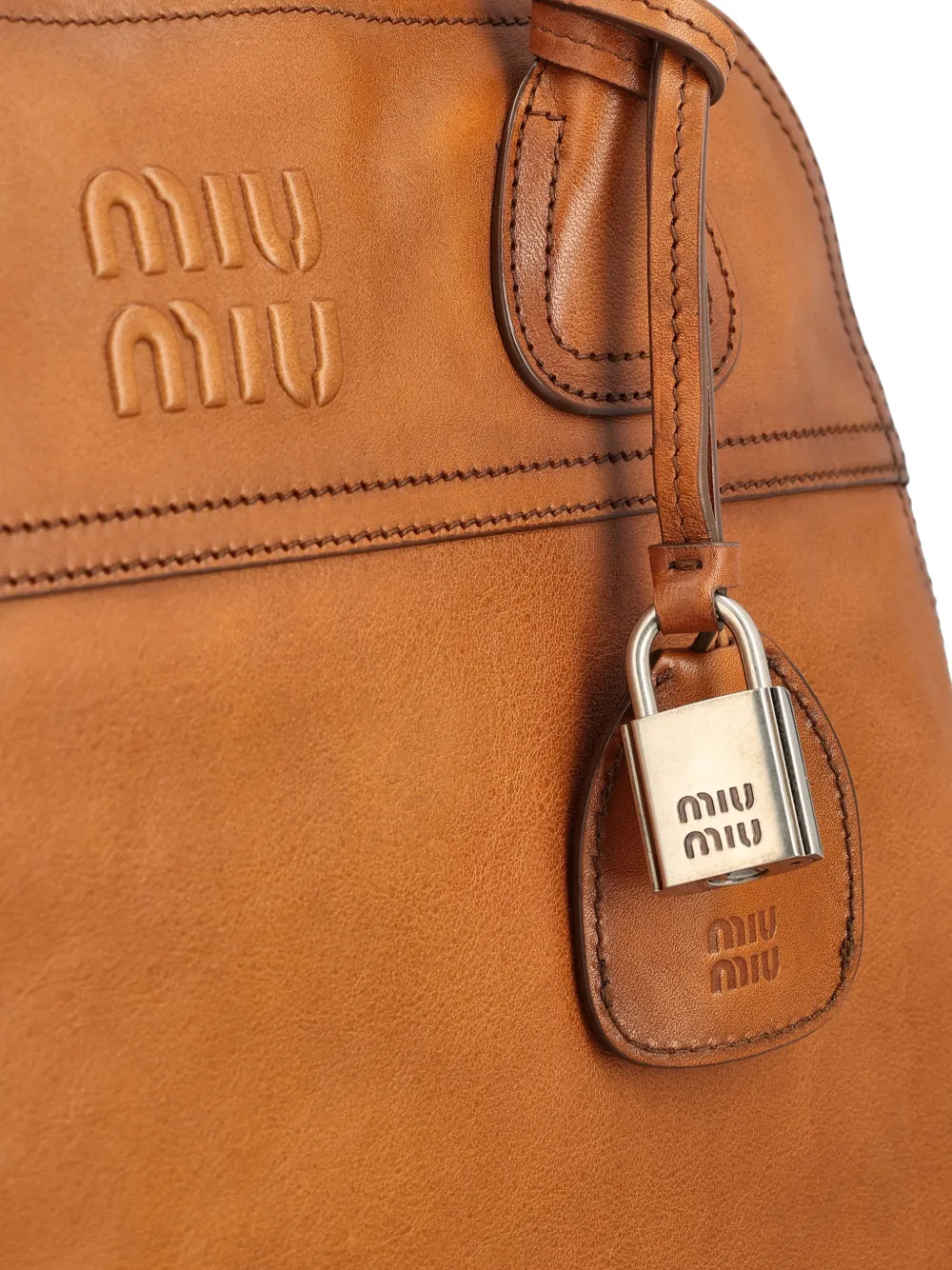 Miu Leren shopper met logo-reliëf Bruin