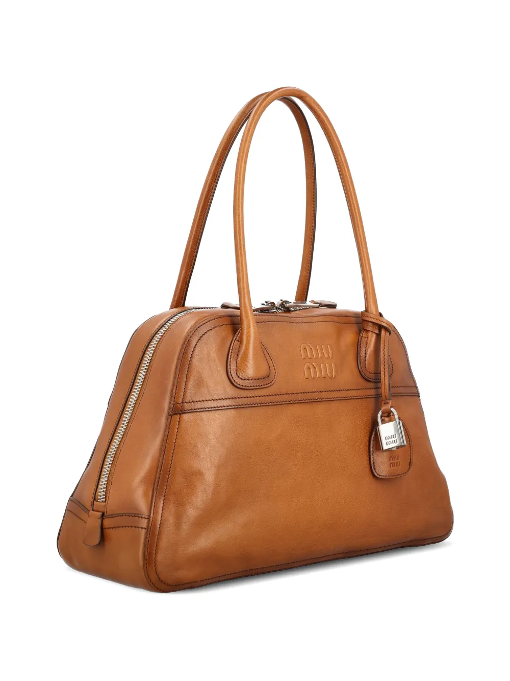 Miu Leren shopper met logo-reliëf Bruin