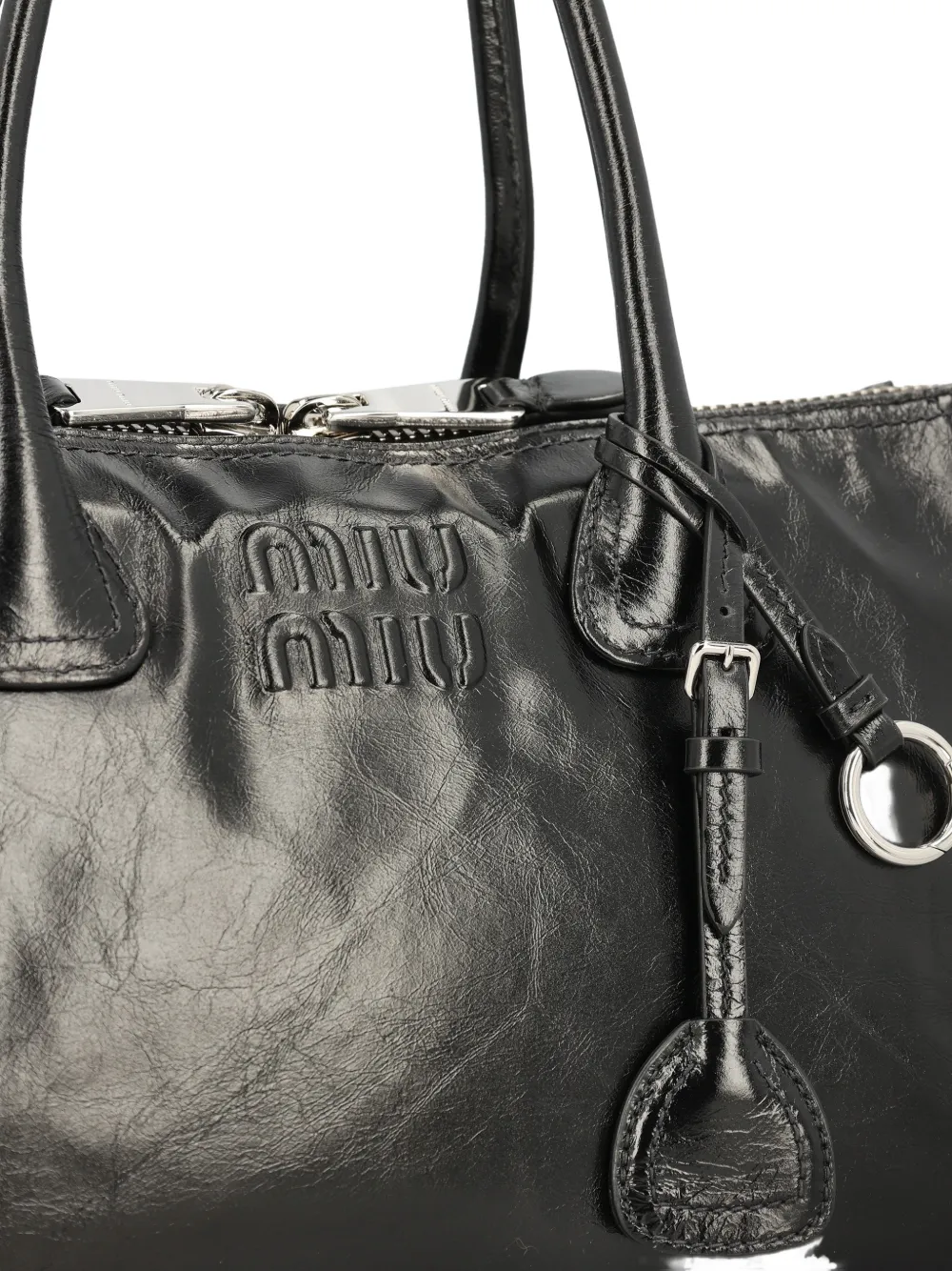 Miu Leren shopper met logo-reliëf Zwart