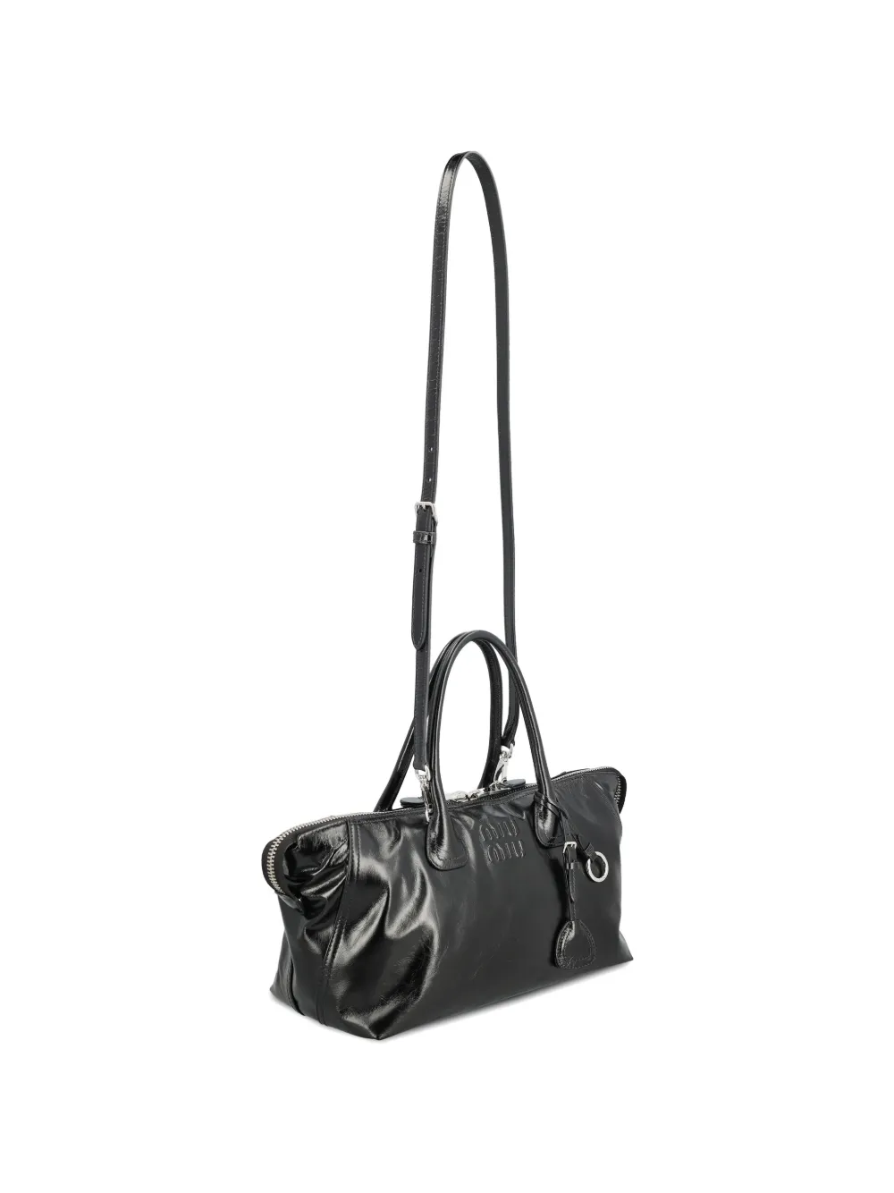 Miu Leren shopper met logo-reliëf Zwart