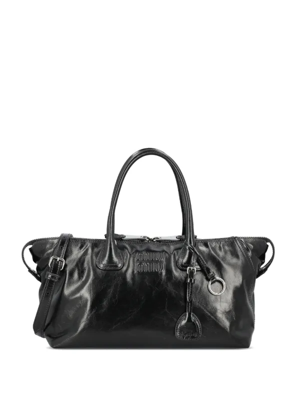 Miu Miu Logo-embossed Leather Tote Bag in Black