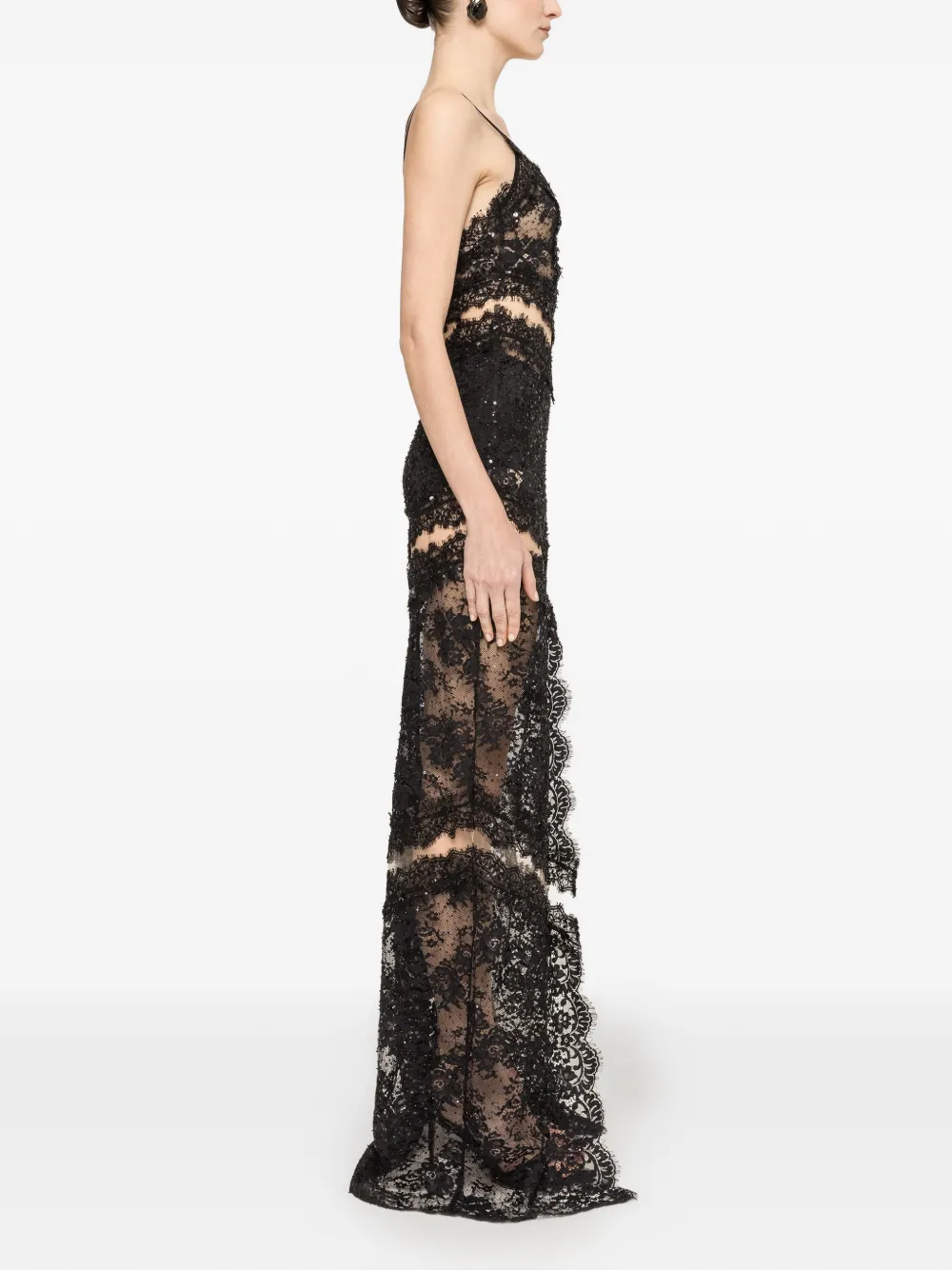 NISSA maxi-dress met kanten afwerking en kralen Zwart