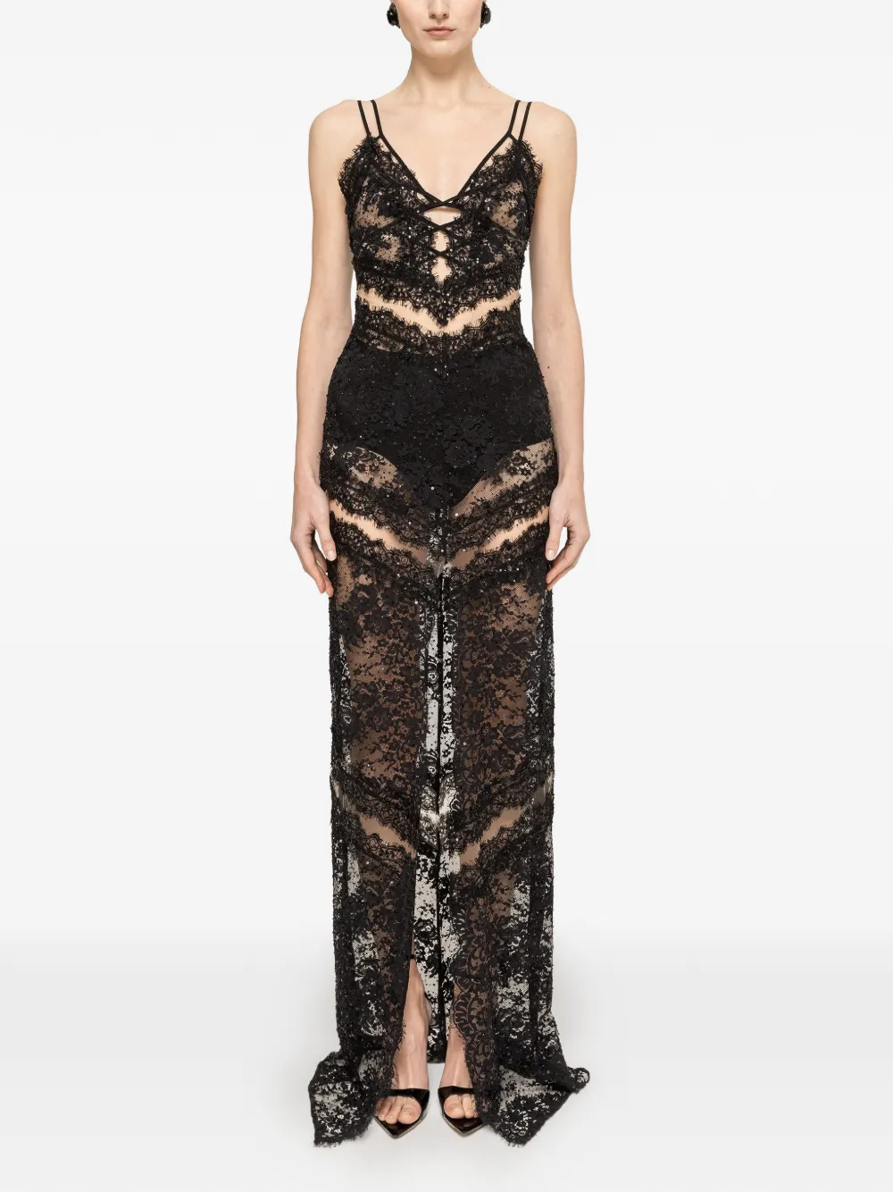 NISSA maxi-dress met kanten afwerking en kralen Zwart