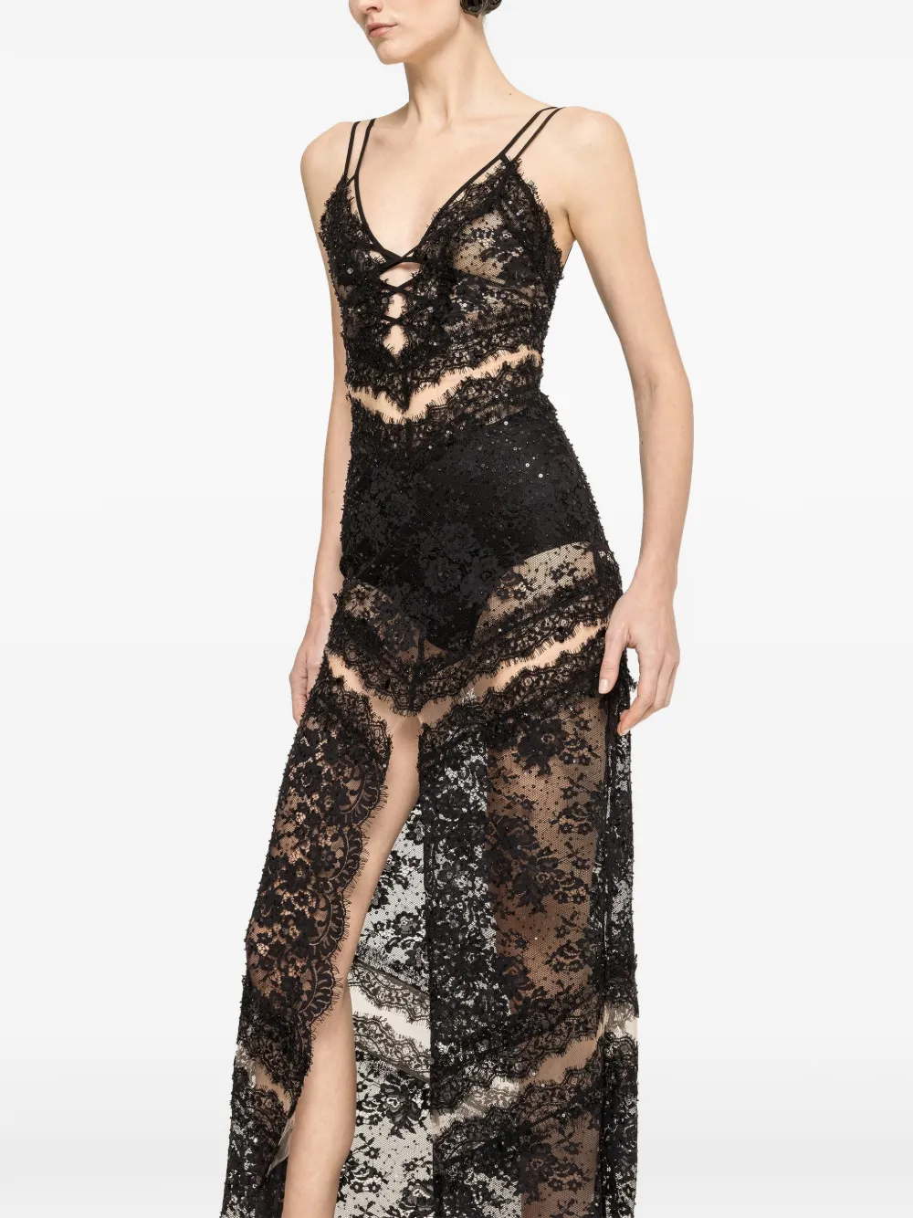 NISSA beaded lace-trimmed maxi dress - Nero