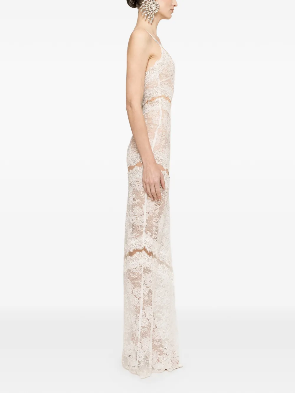 NISSA maxi-dress met kanten afwerking en kralen Wit