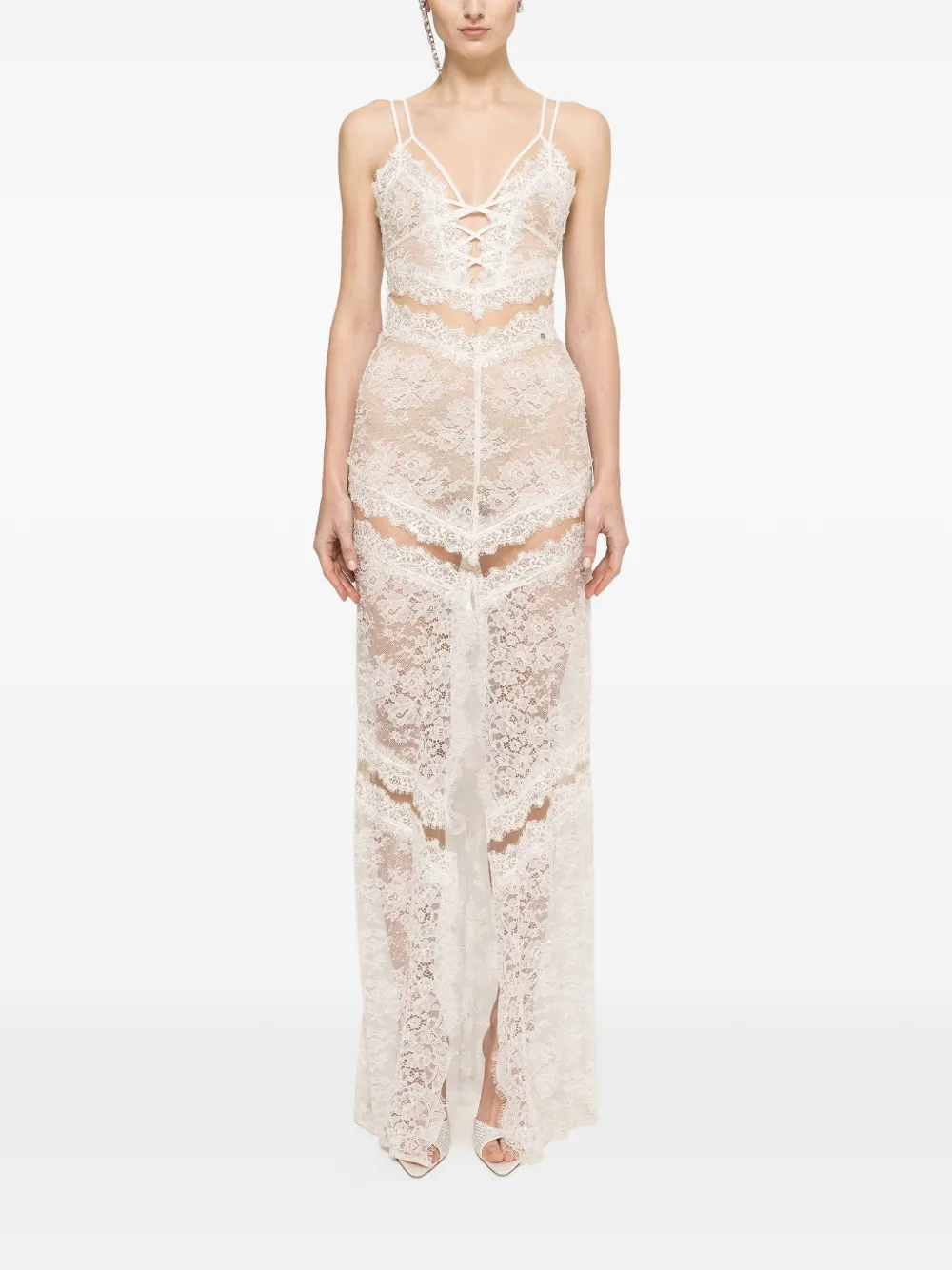 NISSA maxi-dress met kanten afwerking en kralen Wit