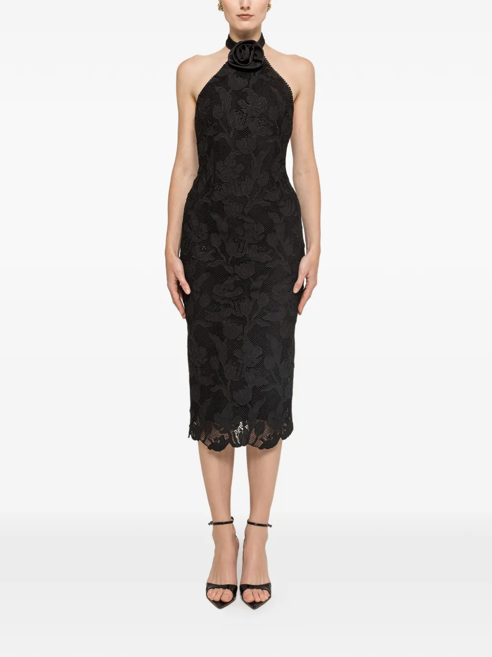 NISSA flower-appliqué midi dress - Nero