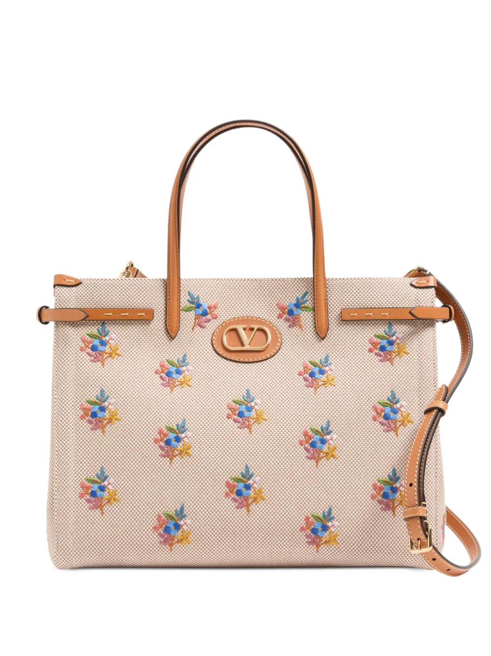 Valentino Garavani Antibes medium shopping bag in embroidered-canvas - Toni neutri