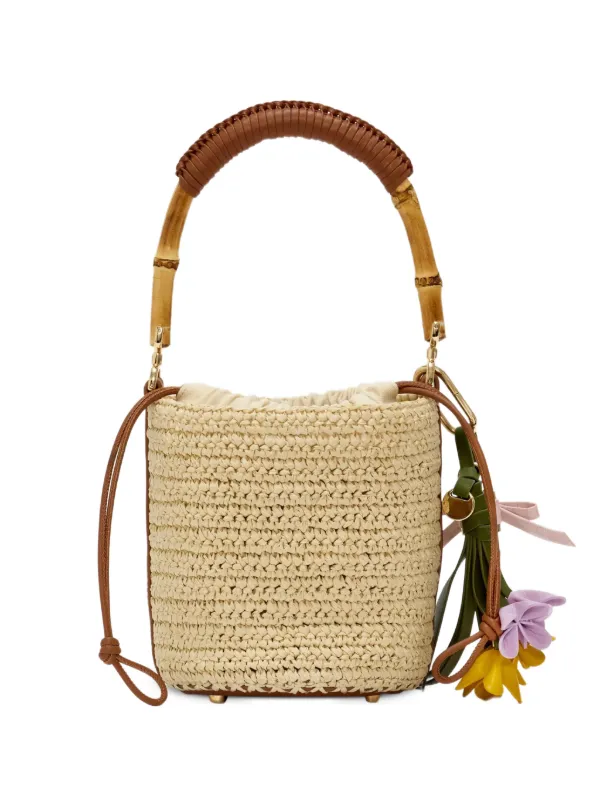 Self-Portrait Bamboo-handle Raffia Bucket Bag in Neutrals