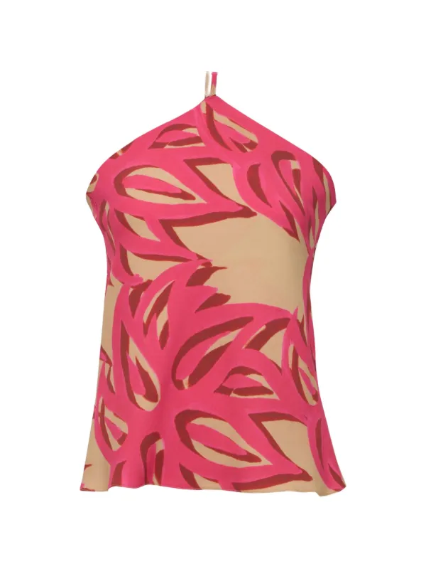 Themis Z Ismene Sabra Leaf-print Halterneck Blouse in Neutrals