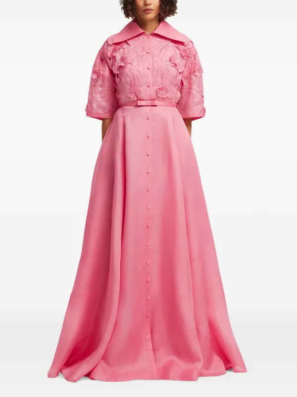 Leo Lin Junia Floral-appliqué Belted Maxi Dress in Pink