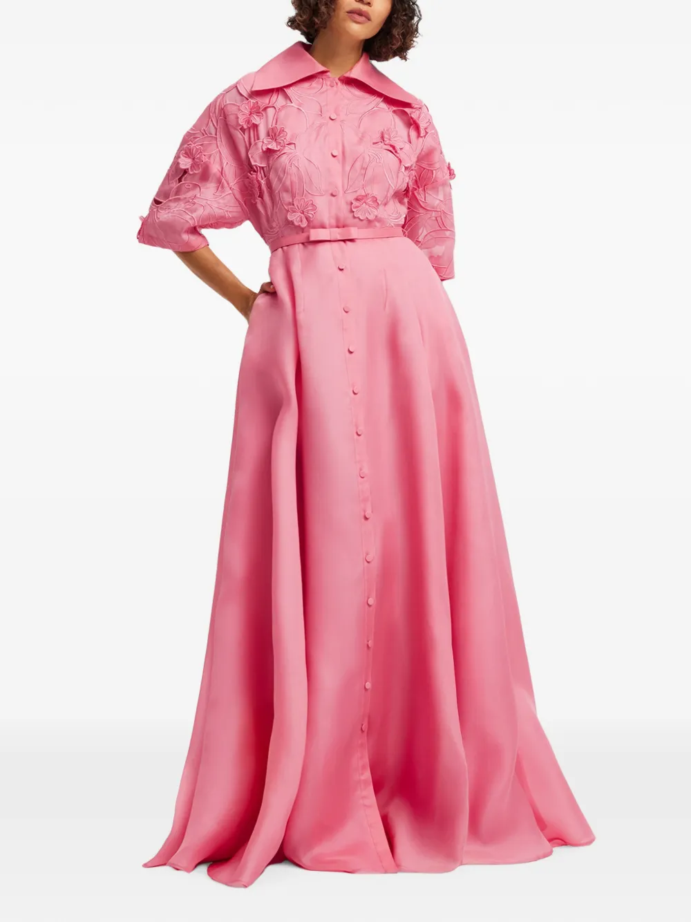 Leo Lin Junia Floral-appliqué Belted Maxi Dress in Pink, view 3