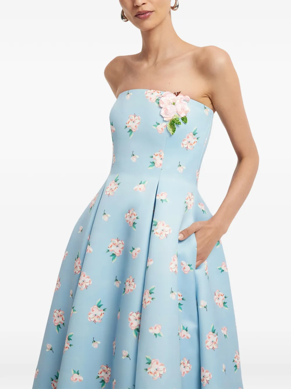 Leo Lin Nora floral-print strapless maxi dress Blauw