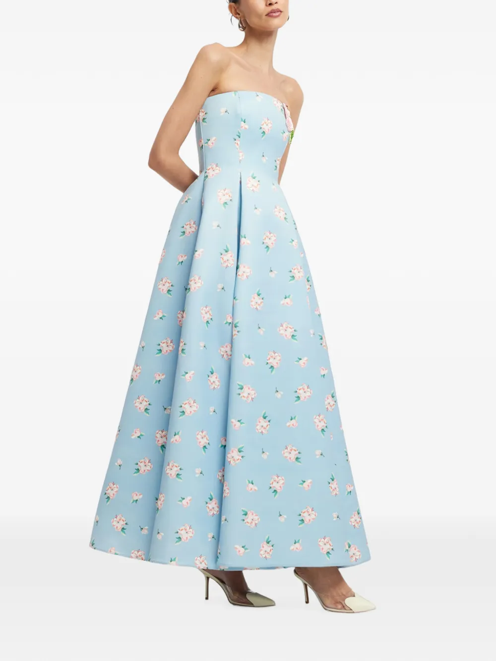 Leo Lin Nora floral-print strapless maxi dress Blauw