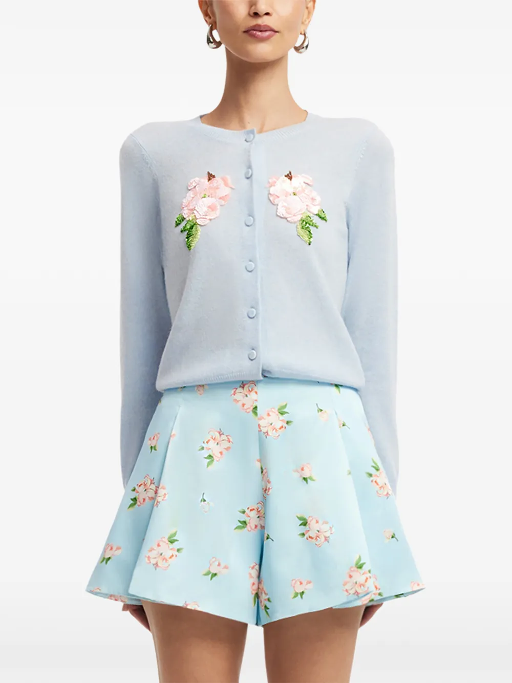 Leo Lin Claire sequin-embellished floral-patch cardigan - Blu