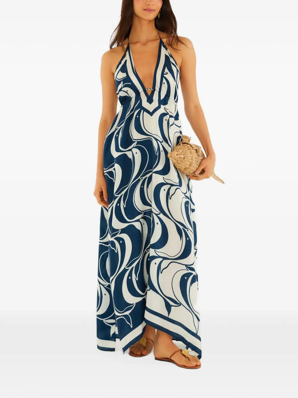 FARM Rio Maxi-jurk met halternek en visprint Blauw