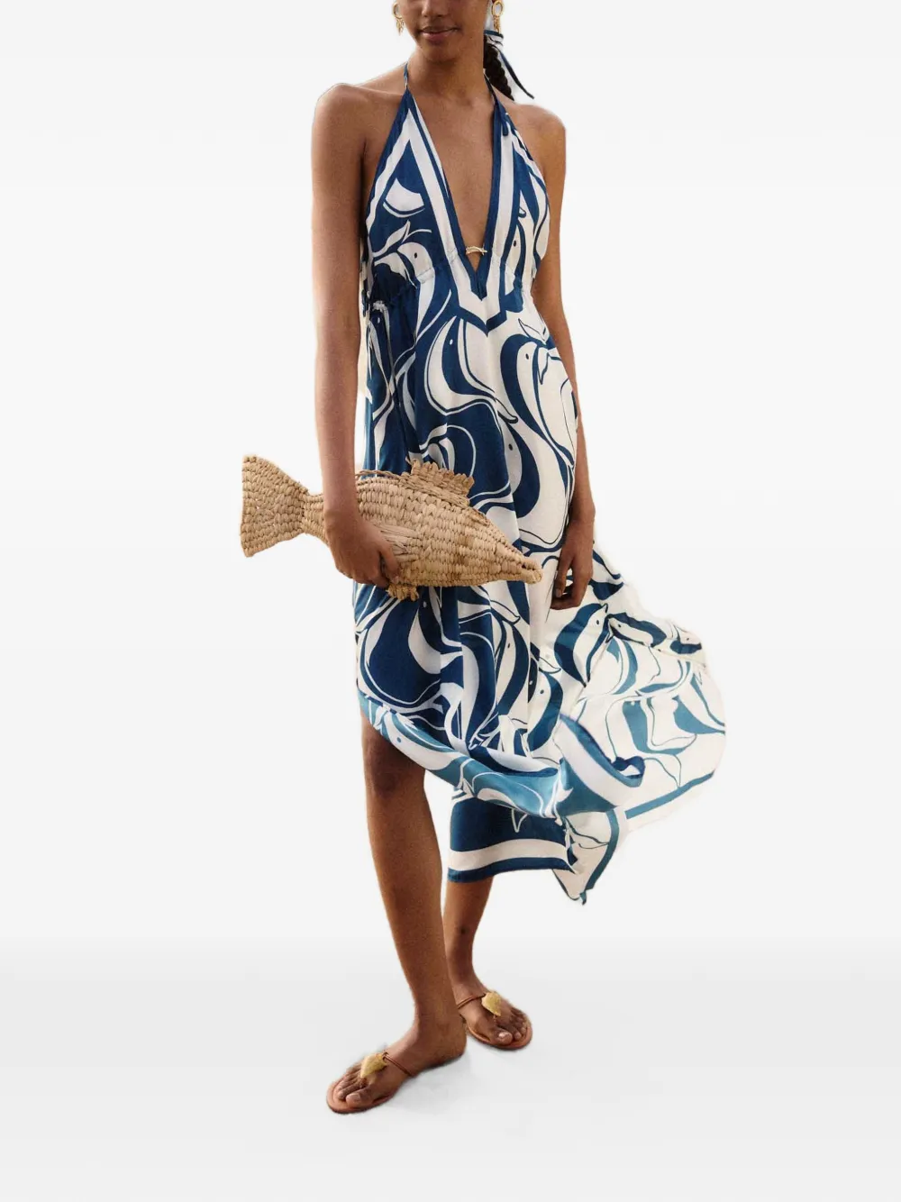 FARM Rio Maxi-jurk met halternek en visprint Blauw