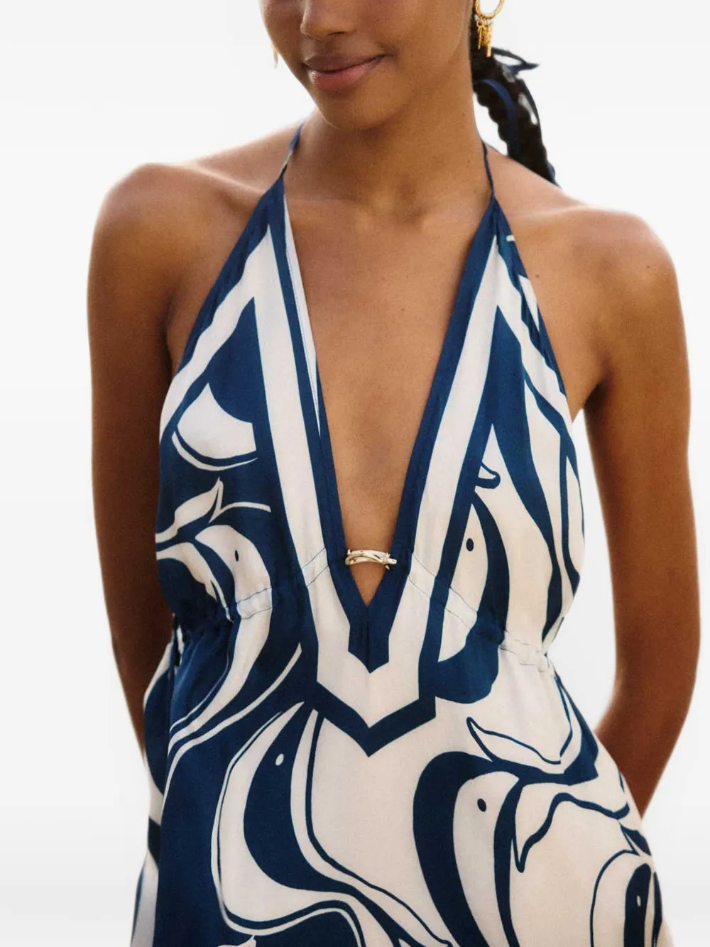 FARM Rio Maxi-jurk met halternek en visprint Blauw
