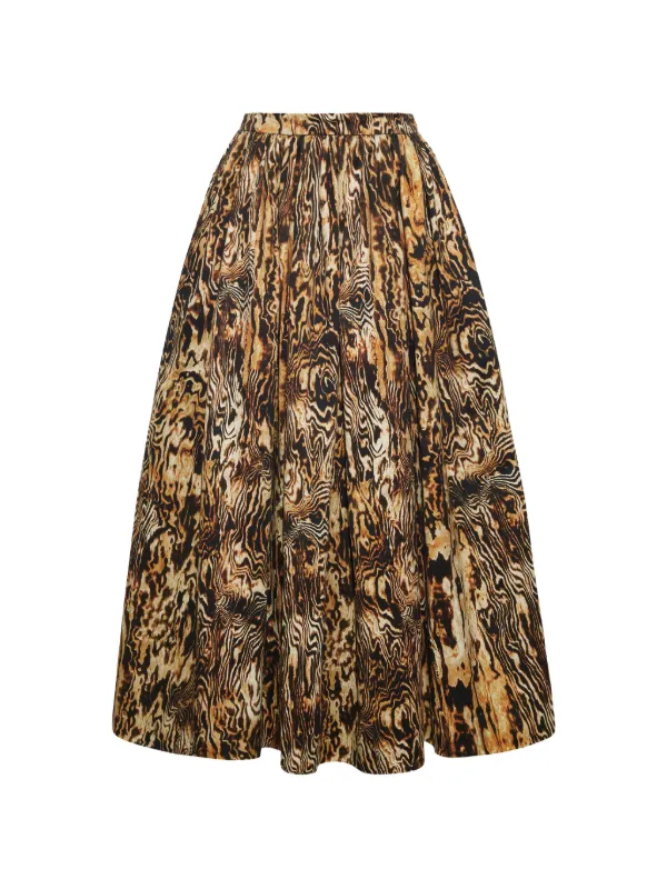 Adam Lippes Briar Woodgrain-print Midi Pleated Skirt in Brown