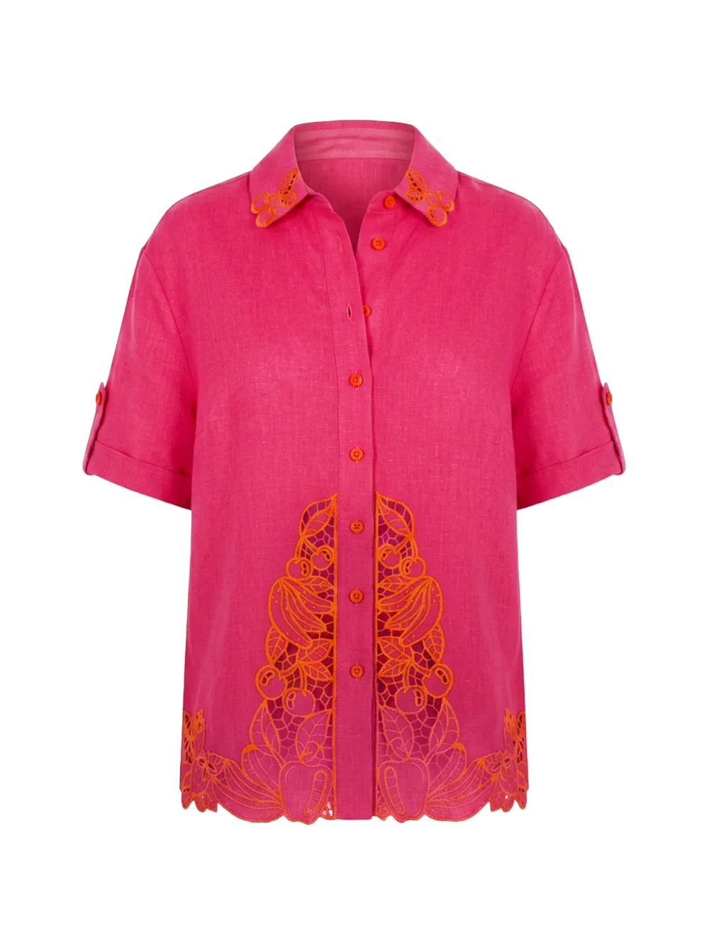 FARM Rio guipure-lace-trim short-sleeve shirt - Rosa
