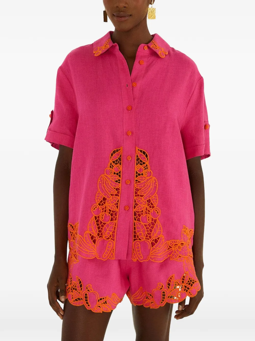 FARM Rio Blouse met kanten afwerking en korte mouwen Roze