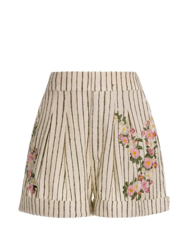 Agua by Agua Bendita Rommy Embroidered Striped Tailored Shorts in Neutrals