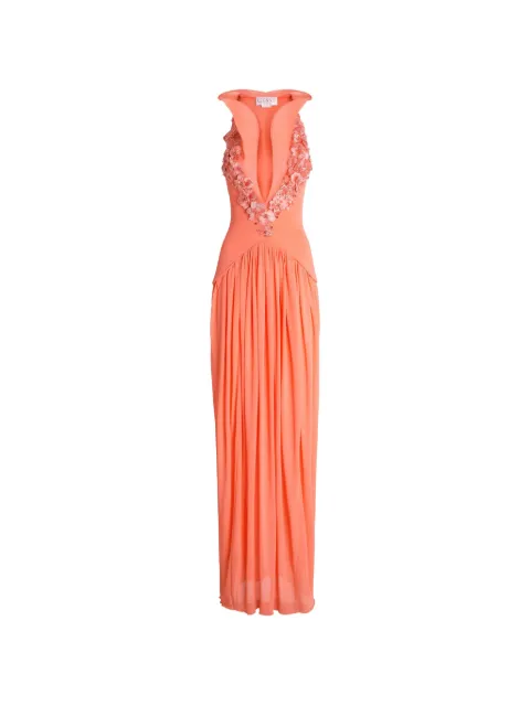 Genny floral-appliqué pleated maxi dress