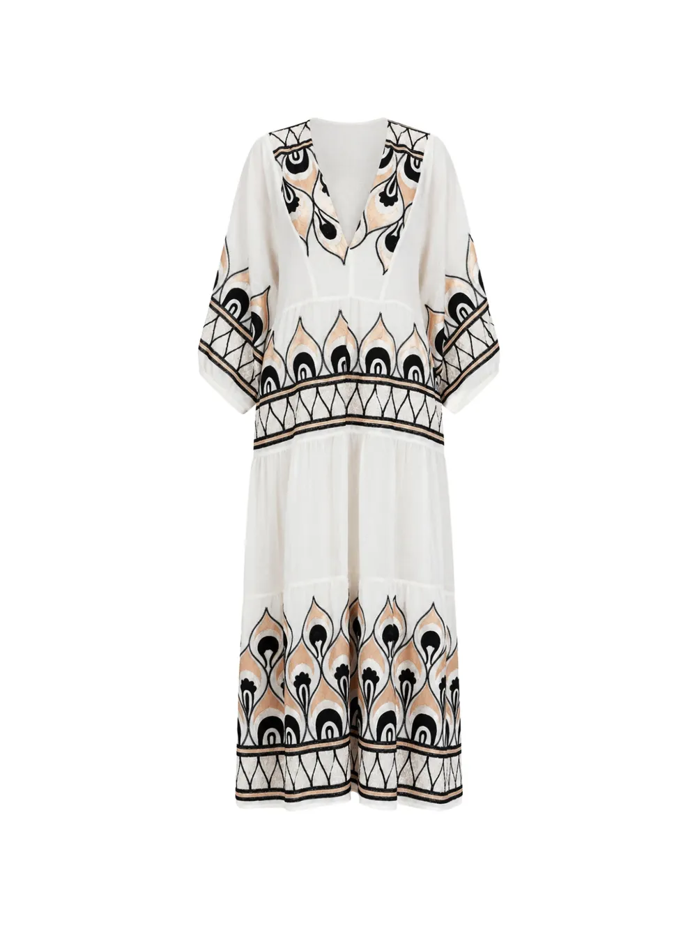GREEK ARCHAIC KORI feather-embroidered tiered midi dress - White