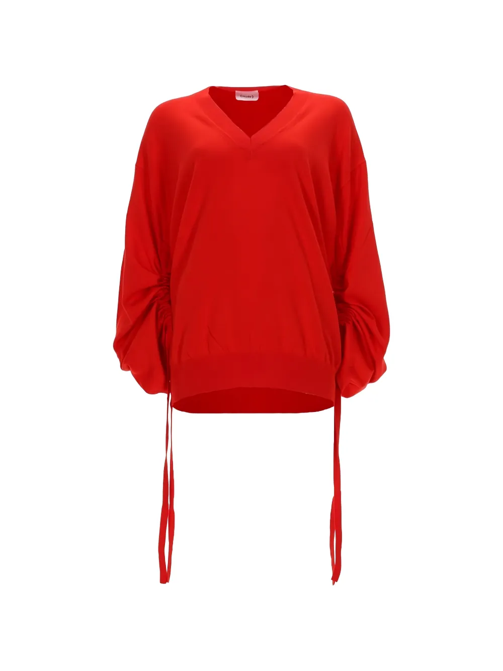 Nude ruched drawstring-detail V-neck cotton sweater - Rosso