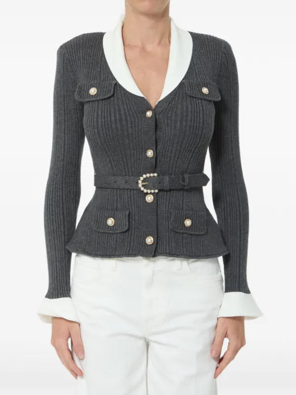 Self-Portrait Belted Ribbed-knit Cardigan in Grey