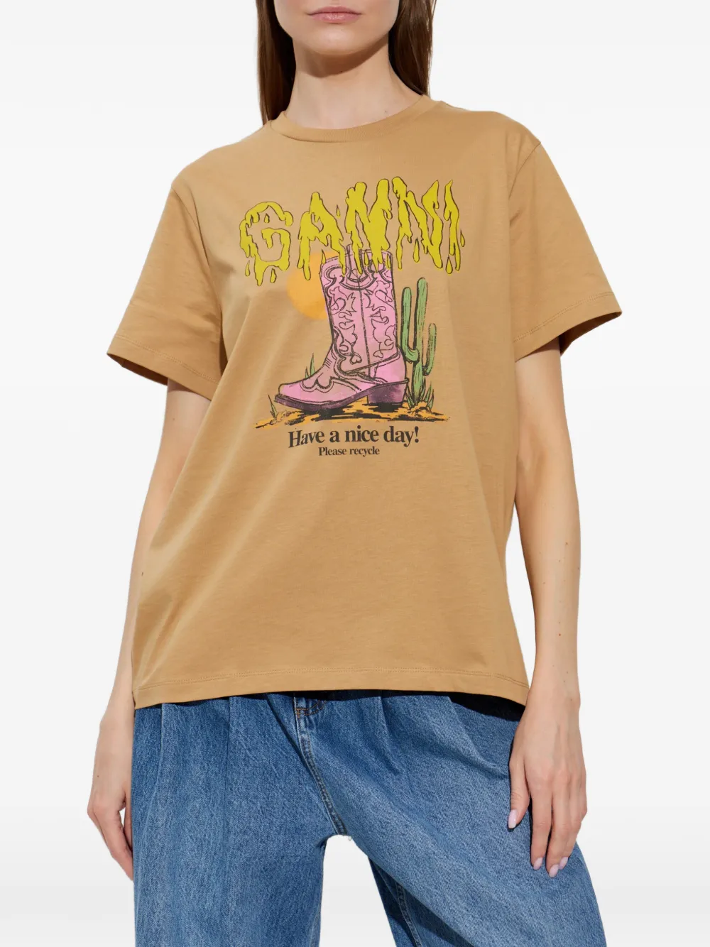 GANNI T-shirt met print Beige