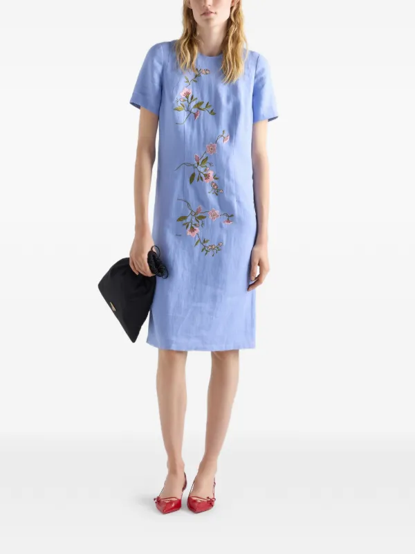 prada linen dress Prada Embroidered Linen Dress, Woman, Periwinkle Blue, Size 40