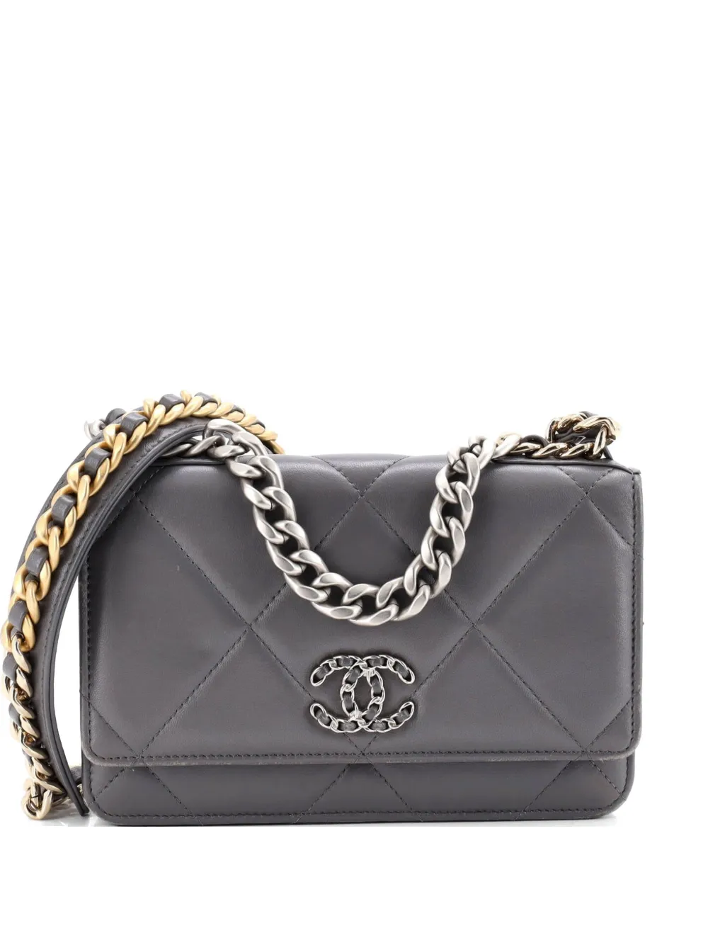 CHANEL Pre-Owned Borsa a tracolla 19 in pelle di agnello trapuntata con catena - Grigio