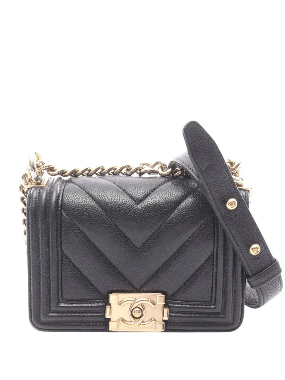 CHANEL Pre-Owned Borsa a tracolla Boy mini in pelle di agnello con motivo chevron 2021-2026 - Nero